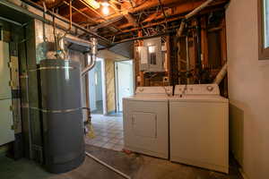 Basement featuring washer and dryer and water heater