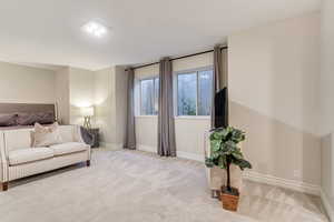 Bedroom featuring light carpet