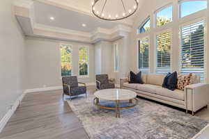 Living room featuring a notable chandelier, wood-type flooring, plenty of natural light, and a tray ceiling