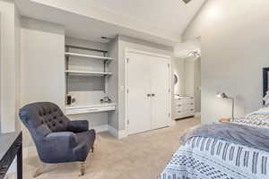 Carpeted bedroom with vaulted ceiling, sink, and a closet