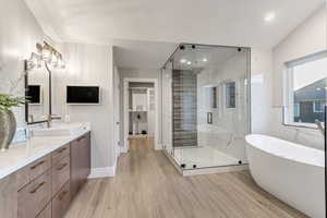 Bathroom with hardwood / wood-style floors, independent shower and bath, and vanity