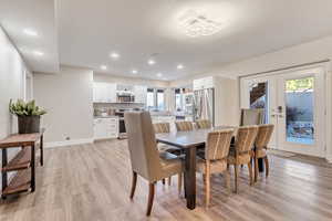 Dining room featuring french doors and light hardwood / wood-style flooring