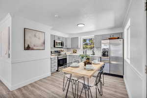 Modern kitchen and dining area with stainless steel appliances and a tiled backsplash.