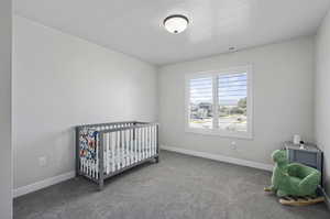 Bedroom featuring a crib and carpet floors