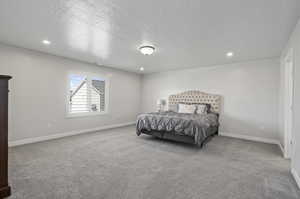 Carpeted bedroom with a textured ceiling