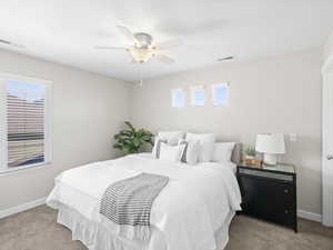 Carpeted bedroom featuring multiple windows and ceiling fan