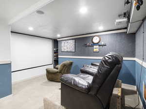 Carpeted cinema featuring a textured ceiling