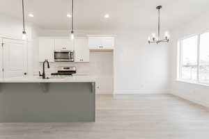 Kitchen with a center island with sink, sink, hanging light fixtures, white cabinetry, and stainless steel appliances