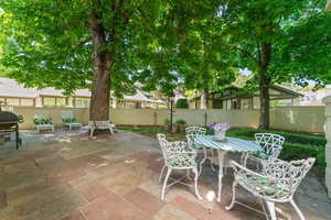 Private Patio with shade trees.