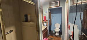 Bathroom featuring vanity, toilet, and hardwood / wood-style floors