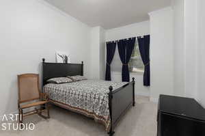 Carpeted bedroom featuring crown molding