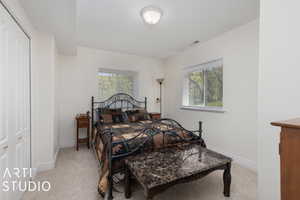 Carpeted bedroom with multiple windows and a closet