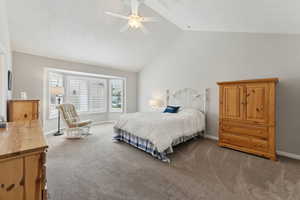 Carpeted bedroom with high vaulted ceiling and ceiling fan