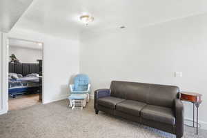 Carpeted living room with a textured ceiling