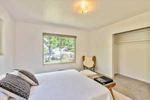 Bedroom featuring carpet flooring and a closet