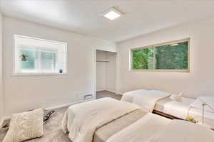 Bedroom with a closet, carpet floors, and multiple windows