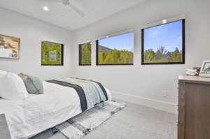 Carpeted bedroom with ceiling fan