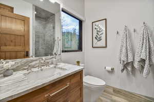 Bathroom with wood-type flooring, vanity, and toilet