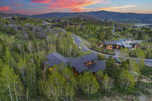 Aerial view at dusk with a mountain view