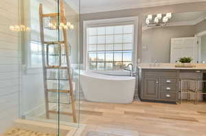 Bathroom featuring ornamental molding, an inviting chandelier, independent shower and bath, and vanity