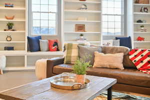 Living room featuring a healthy amount of sunlight and built in shelves