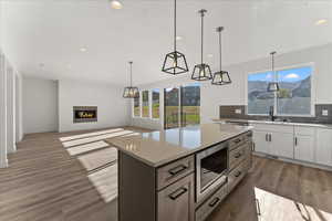 Kitchen featuring backsplash, wood-type flooring, stainless steel microwave, and a wealth of natural light