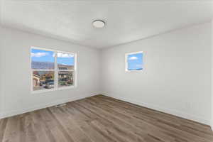 Unfurnished room featuring wood-type flooring and a textured ceiling