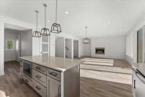 Kitchen featuring a kitchen island, dishwasher, hanging light fixtures, stainless steel microwave, and dark wood-type flooring