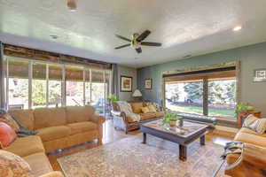 Living room with ceiling fan, a healthy amount of sunlight, a textured ceiling, and hardwood / wood-style flooring