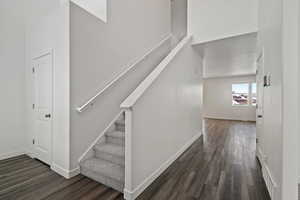 Stairway featuring dark hardwood / wood-style floors