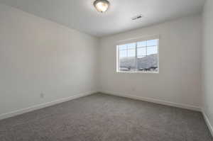 Carpeted empty room with a mountain view