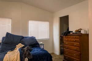 Carpeted bedroom featuring lofted ceiling