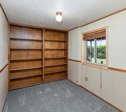 Carpeted empty room featuring crown molding and a textured ceiling