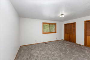 Unfurnished bedroom featuring two closets, carpet, and a textured ceiling