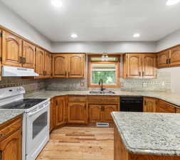 Kitchen featuring light hardwood / wood-style flooring, electric stove, sink, tasteful backsplash, and black dishwasher