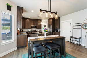 Kitchen with dark brown cabinets, dark hardwood / wood-style flooring, pendant lighting, and appliances with stainless steel finishes