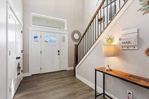 Foyer entrance with dark hardwood / wood-style floors and a towering ceiling