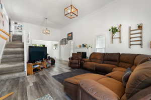 Living room featuring an inviting chandelier, dark hardwood / wood-style flooring, and ornamental molding