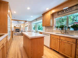 Kitchen featuring dishwasher, sink, light wood-type flooring, and a kitchen island