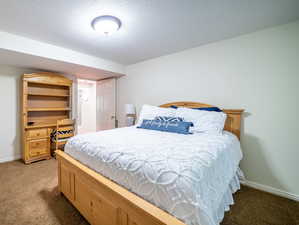 Bedroom with carpet floors and a textured ceiling