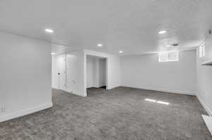 Basement featuring dark colored carpet and a textured ceiling