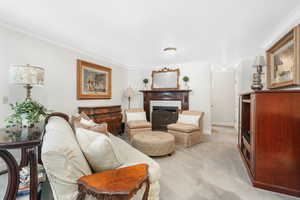 Family room with ornamental molding, a fireplace, and carpet floors.