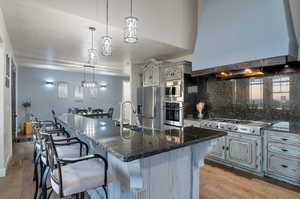 Kitchen with light hardwood / wood-style flooring, appliances with stainless steel finishes, premium range hood, a kitchen island with sink, and tasteful backsplash