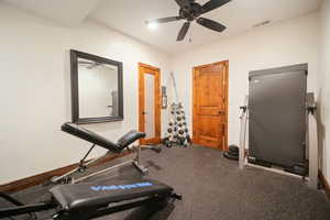 Workout room featuring carpet flooring and ceiling fan