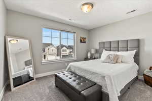 Bedroom featuring carpet and a textured ceiling