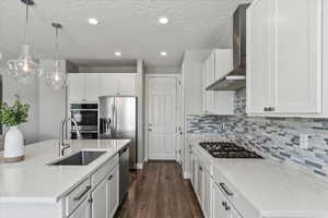 Kitchen featuring an island with sink, sink, dark wood-type flooring, and wall chimney exhaust hood