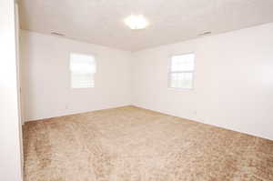 Spare room with carpet and a textured ceiling