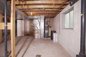 Basement featuring secured water heater and heating utilities