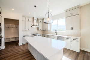 Kitchen with dark hardwood / wood-style flooring, stainless steel appliances, a mountain view, and a spacious island