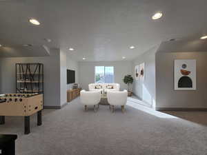 Interior space featuring a textured ceiling and carpet